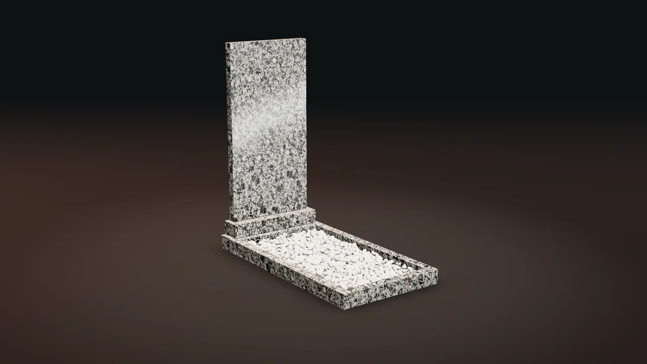 Комплект заготовок из гранита New Grey: стела 100×50×5 на двухъярусной подставке 60×15×8 и 55×12×8, цветник с белой мраморной крошкой